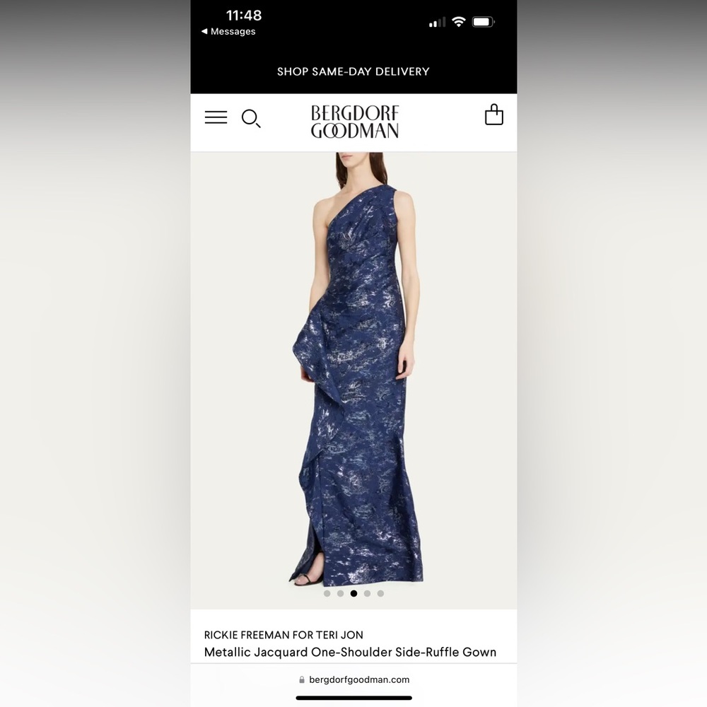 RICKIE FREEMAN FOR TERI JON
Metallic Jacquard One-Shoulder Side-Ruffle Gown